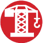 Red circular icon with a white stylized representation of services tower crane.