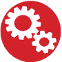 This image depicts a red circular icon with two white interlocking gears in the center.