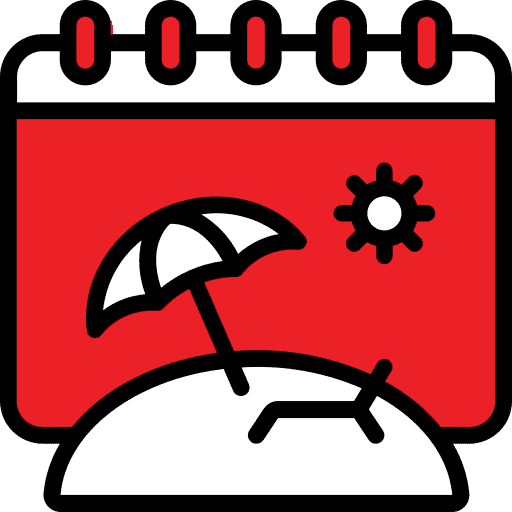 Red calendar icon with a careers and beach umbrella design.